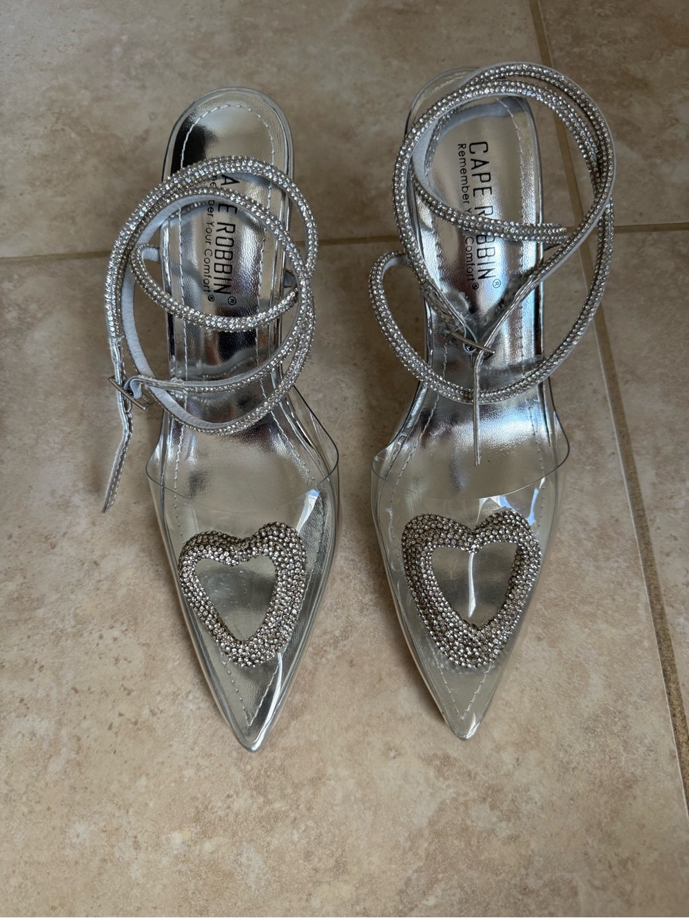 Cape Robbin Silver Rhinestone Heart Pointed-Toe Heels